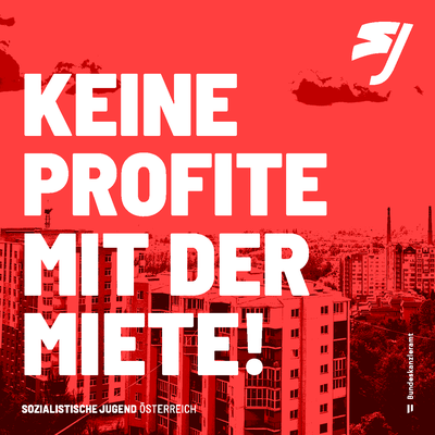 Sticker: Keine Profite mit der Miete! Eine Stadt ist im Hintergrund zu sehen, sie ist rot eingefärbt.