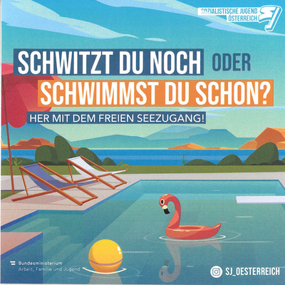 Sticker: Schwitzt du noch oder schwimmst du schon? Her mit dem freien Seezugang! Ein Pool ist zu sehen in dem eine Flamingo-Luftmatratze schwimmt. 
