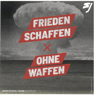 Sticker: Frieden schaffen ohne Waffen. Im Hintergrund ist ein Atompilz zu sehen.