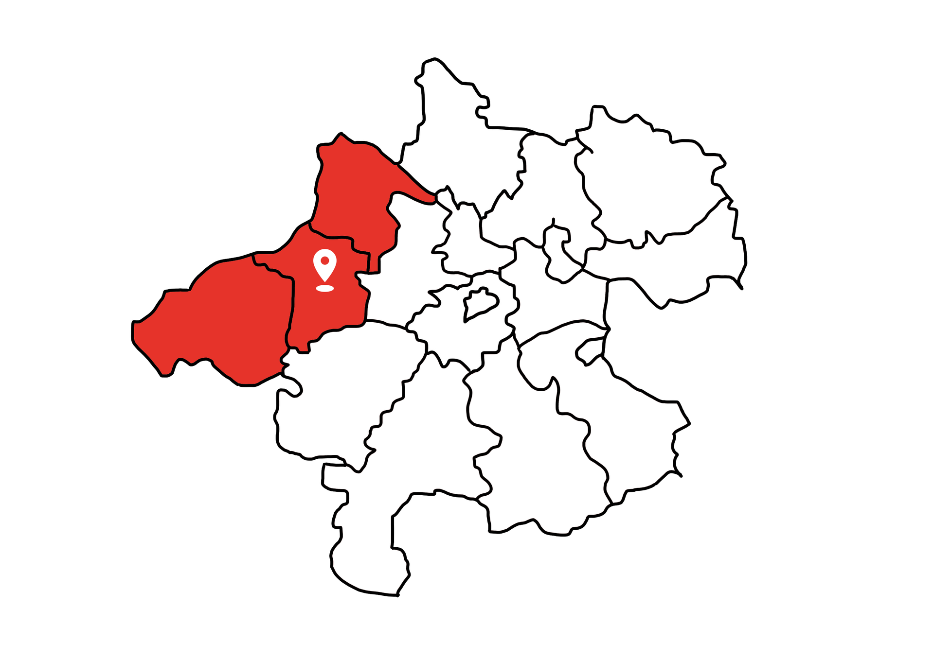 Eine Landkarte die Oberösterreich zeigt. Die Bezirke Schärding, Ried und Braunau sind rot markiert. Die restlichen Bezirke sind weiß.