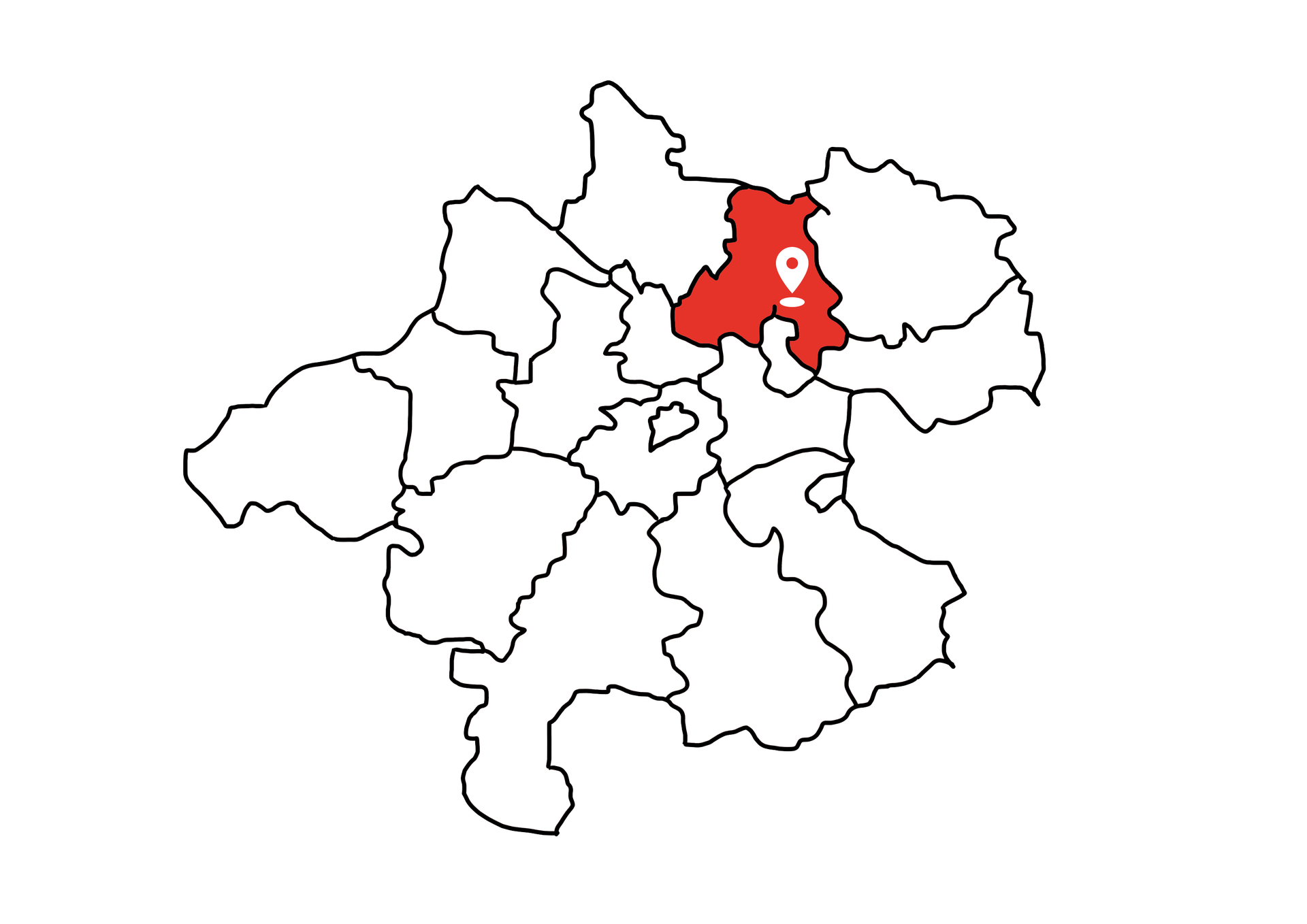 Eine Landkarte die Oberösterreich zeigt. Der Bezirk Urfahr-Umgebung ist rot markiert. Die restlichen Bezirke sind weiß.