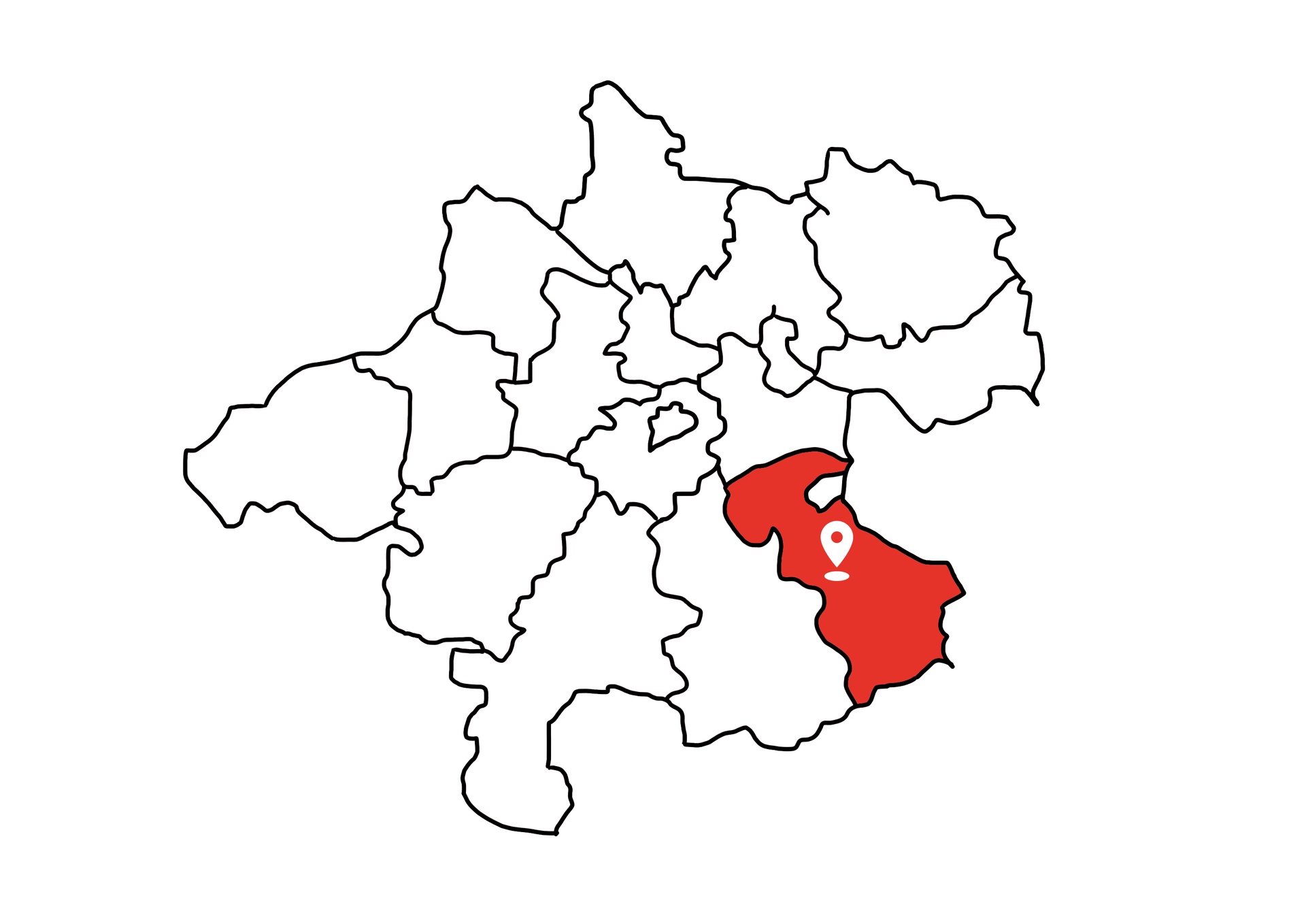 Eine Landkarte die Oberösterreich zeigt. Der Bezirk Steyr-Land ist rot markiert. Die restlichen Bezirke sind weiß.
