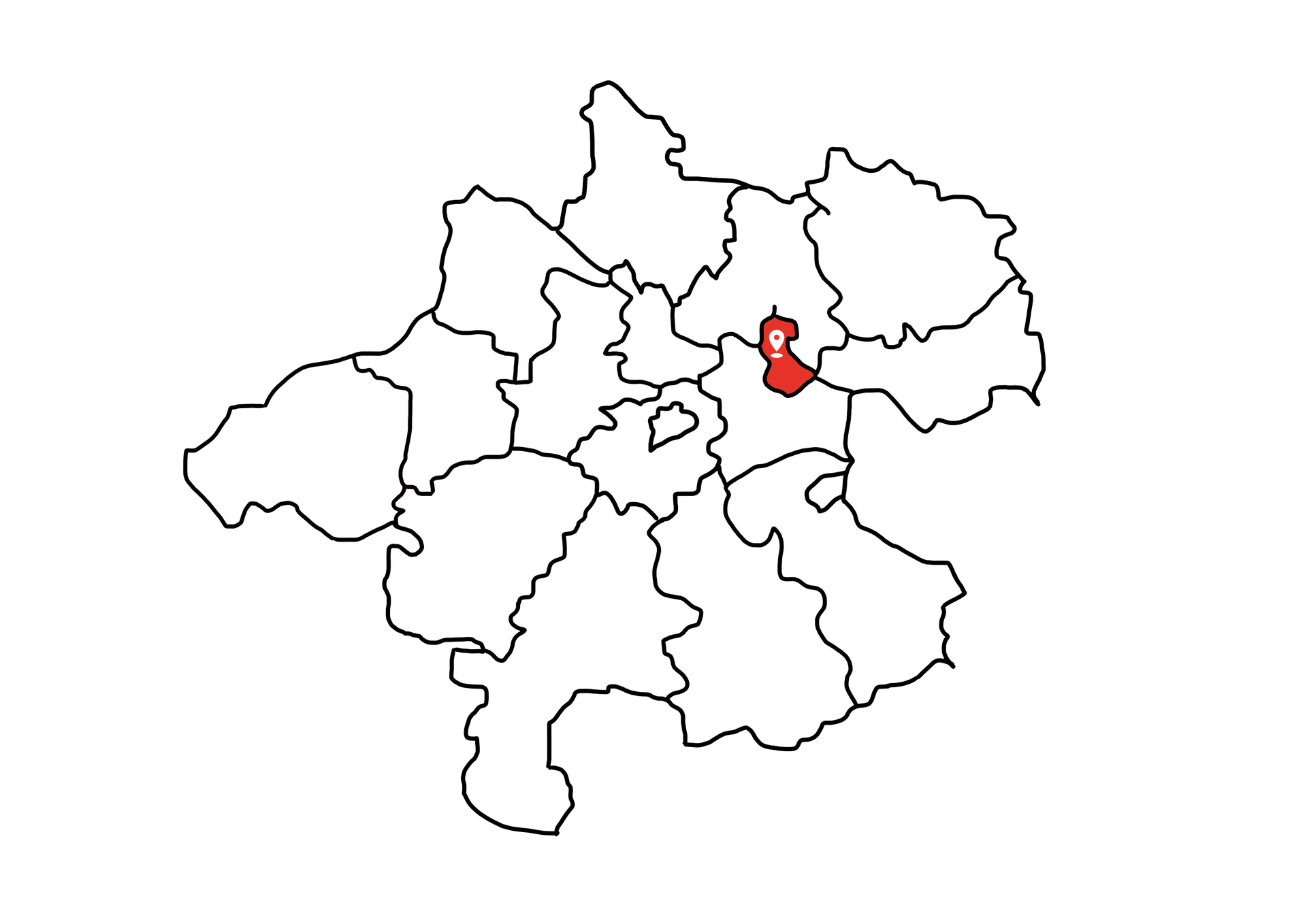 Eine Landkarte die Oberösterreich zeigt. Der Bezirk Linz ist rot markiert. Die restlichen Bezirke sind weiß.
