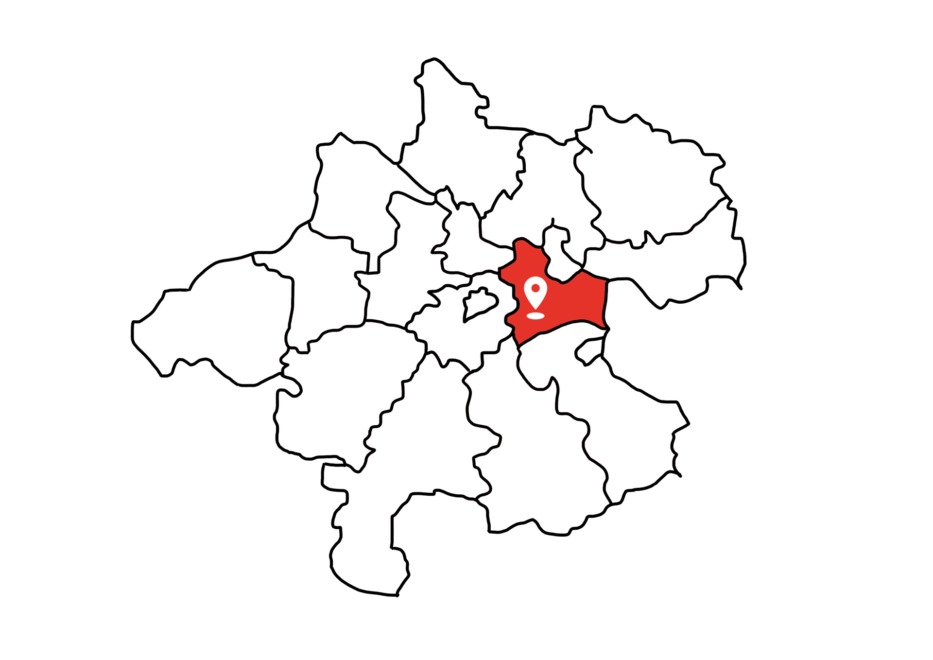 Eine Landkarte die Oberösterreich zeigt. Der Bezirk Linz-Land ist rot markiert. Die restlichen Bezirke sind weiß.