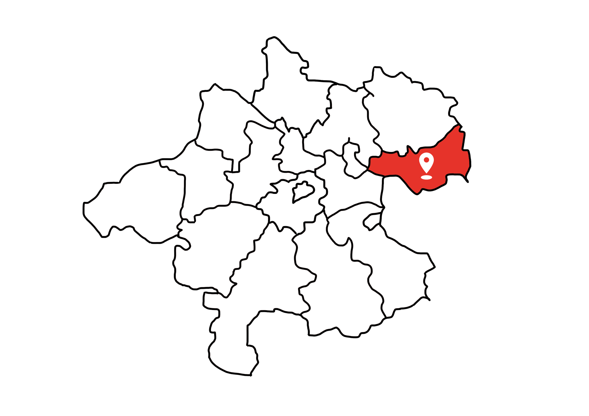 Eine Landkarte die Oberösterreich zeigt. Der Bezirk Perg ist rot markiert. Die restlichen Bezirke sind weiß.
