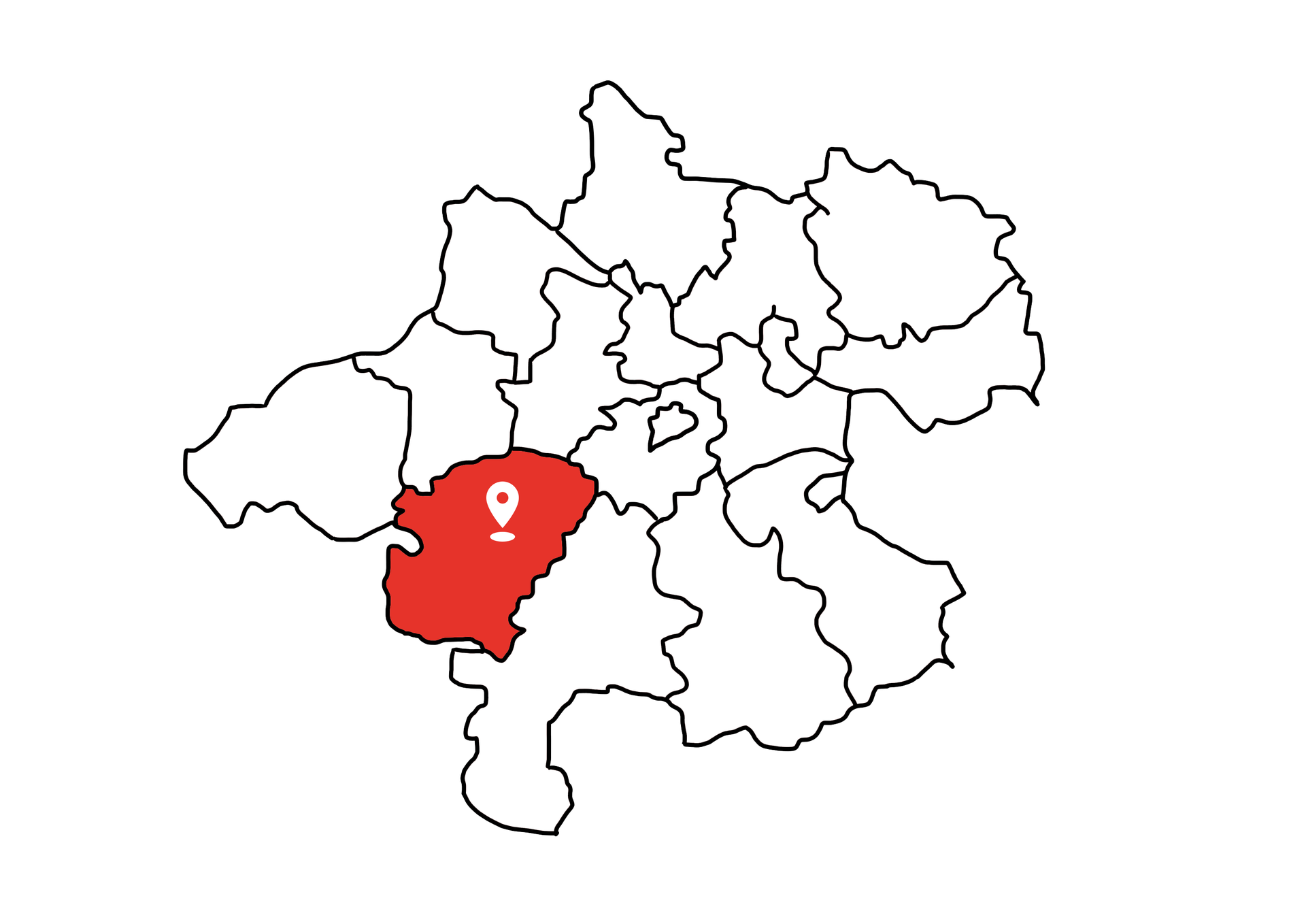 Eine Landkarte die Oberösterreich zeigt. Der Bezirk Vöcklabruck ist rot markiert. Die restlichen Bezirke sind weiß.