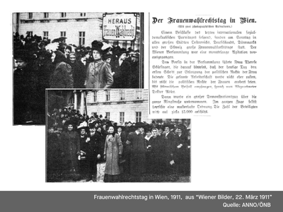 Frauenwahlrechtstag in Wien, 1911,  aus “Wiener Bilder, 22. März 1911”
Quelle: ANNO/ÖNB 
