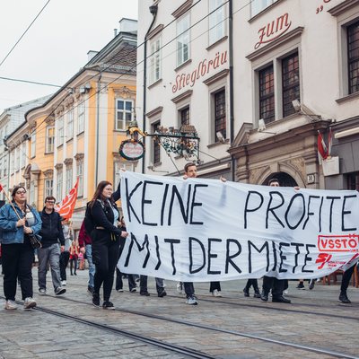 Demonstration. Auf dem Transpi steht: "Keine Profite mit der Miete". Mehrere Personen halten eine Fahne.