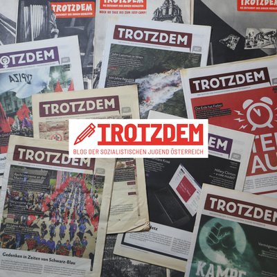 Trotzdem-Ausgaben im Hintergrund, Trotzdem-Logo im Vordergrund