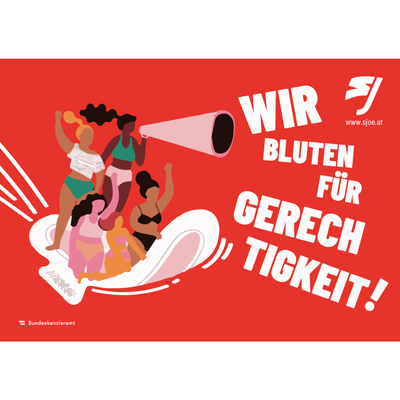 Sticker: Wir bluten für Gerechtigkeit! Fünf Frauen befinden sich auf einer fliegenden Binde, eine davon hält ein Megaphon.