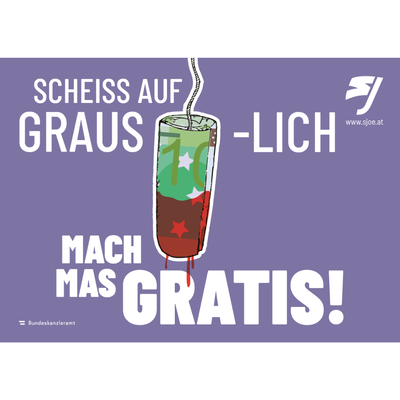 Runder Sticker: Scheiß auf grauslich, mach mas gratis! Ein blutiges Tampon ist abgebildet. Das Tampon besteht aus einem 100€ Schein.