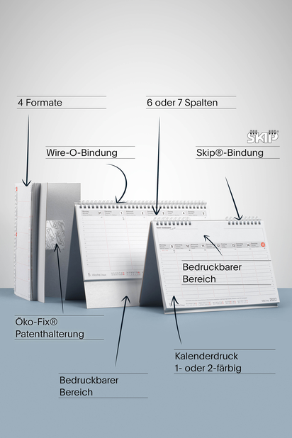 Personalisierungsmöglichkeiten Tischkalender 3 Tischkalender, welche Personalisierungsmöglichkeiten zeigen. Und zwar: Format, Blatteindruck (oben), Stellerdruck (unten), Kalenderdruck 1- oder 2-färbig, 6 oder 7-spaltig, Wire-O-Bindung, nachhaltige Öko-Fix Patenthalterung, Patentierte Skipbindung (mit 1/3 weniger Draht in der Mitte)