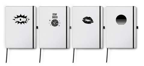 edelweiss, carnet blanc, debossage NOIR: WOW I Stay Disco I Baiser I Coucher de Soleil