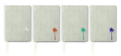 Goldy Hahn, debossage Palmier Argent Mat, Rouge-Orange. Turquoise Bleu Saphir