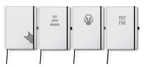 edelweiss, carnet blanc, debossage GRIS: Grumpy Cat I Glei Spüts Granada I Music Bunny I Peut-Être