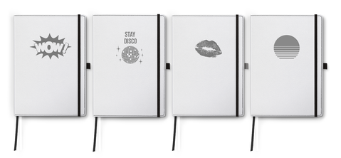 edelweiss, carnet blanc, debossage GRIS: WOW I Stay Disco I Baiser I Coucher de Soleil