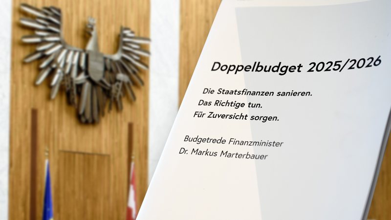 Fotomontage zeigt das Doppelbudget in gedruckter Fassung mit dem Sitzungssaal des Nationalrates im Hintergrund